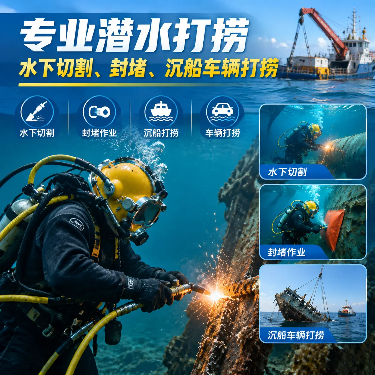 专业潜水打捞｜水下切割、封堵、沉船车辆打捞大田